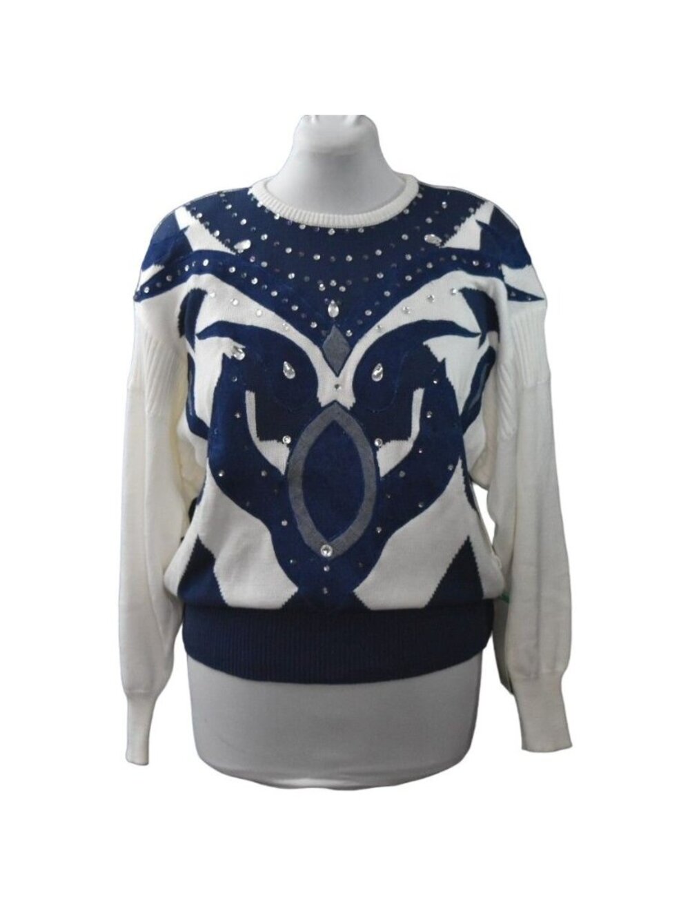 Vintage Nilani 80s Sweater M White Navy Rhinestone Applique Statement Glam NEW